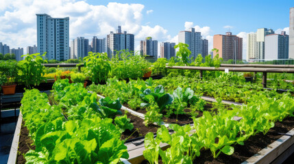 Fototapeta premium Rooftop garden, Rooftop vegetable garden, Growing vegetables on the rooftop of the building, Agriculture in urban on the rooftop of the building