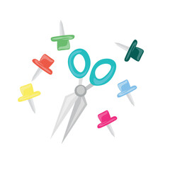 School scissors and paper pins on white background
