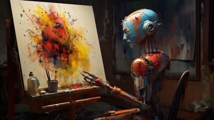 Generative AI art technology concept, robot painting picture in studio. Generative AI image.