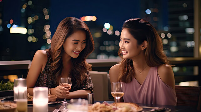 Two beautiful Asian woman friends are meeting and having a dinner party at a skyscraper rooftop restaurant in the metropolis at summer sunset.