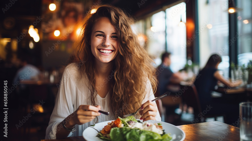 Wall mural Woman eating food in the restaurant