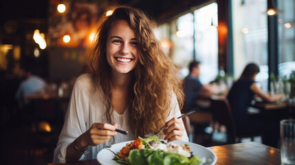 Woman eating food in the restaurant - obrazy, fototapety, plakaty