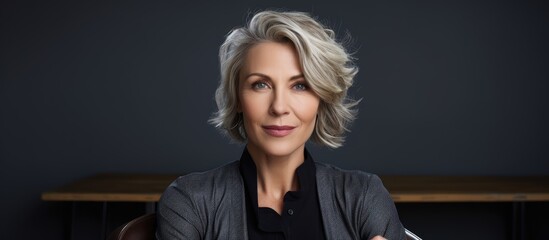 Successful mature female entrepreneur sitting with tea looking at camera in dark art studio With copyspace for text