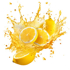 Lemon Juice Splash with Shiny Liquid Droplets on Transparent Background, PNG