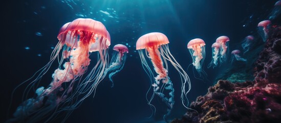 Underwater creatures called jellyfish With copyspace for text