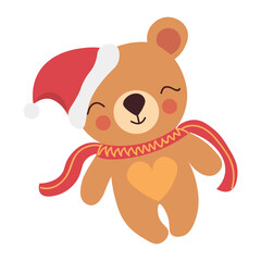 Cute bear in Santa hat and scarf on white background