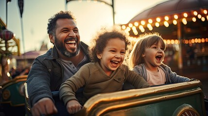 Happy family on a carousel or roller coaster in the amusement background. - obrazy, fototapety, plakaty