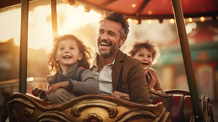 Happy family on a carousel or roller coaster in the amusement background. - obrazy, fototapety, plakaty