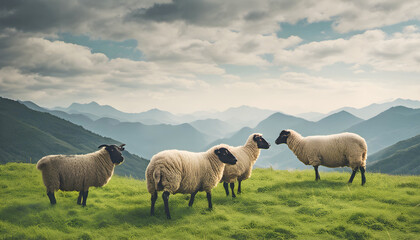Obraz premium Four sheep stand in grass field on the hield, AI generated