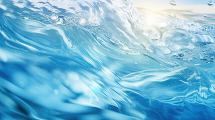 Fototapeta na wymiar Blurry blue water surface with bubbles and splashes Nature background with sunlight and space for text