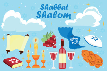 Banner for Shabbat Shalom with symbols on light blue background - obrazy, fototapety, plakaty