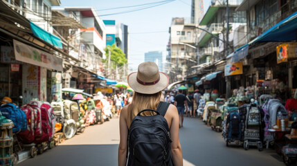 Obraz premium Young Asian traveling backpacker in Khaosan Road outdoor market in Bangkok, Thailand