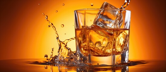 Whiskey being poured against orange background in closeup With copyspace for text