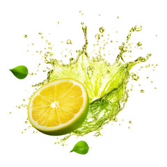 Lime Juice Splash with Shiny Liquid Droplets on Transparent Background, PNG