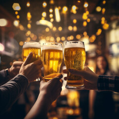 Selective focus at beer mug or glass in hands, cheer and toast, blur and defocus background of interior bar vibe with golden bokeh.  - obrazy, fototapety, plakaty