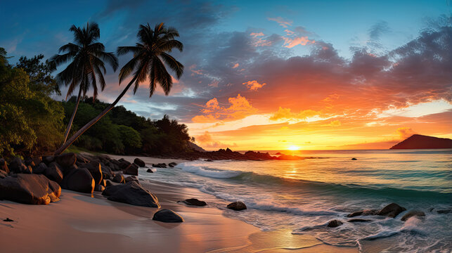 Panoramic view of beautiful beach at sunset with coconut palm tree, sea and beautiful rocks, Beau Vallon beach, Mahe island, Seychelles. © Ziyan Yang