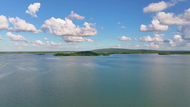 Breathtaking aerial view dramatic.See beautiful scenery on the island at Nam Oon Dam, Phang Khon, Sakon Nakhon, Thailand.