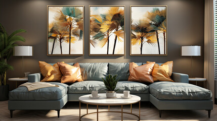  Golden and dark blue and teal palm trees painting . Great for wall art and home decor.