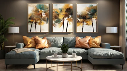 Papier Peint photo Lavable Mur chinois  Golden and dark blue and teal palm trees painting . Great for wall art and home decor.