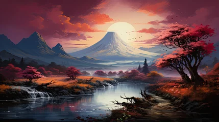 Afwasbaar Fotobehang Fuji The breathtaking Mount Fuji stands majestically over a serene lake, surrounded by vibrant flowers and lush trees