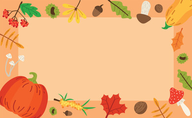 Naklejka na ściany i meble Frame made of autumn natural decor on orange background. Banner for design