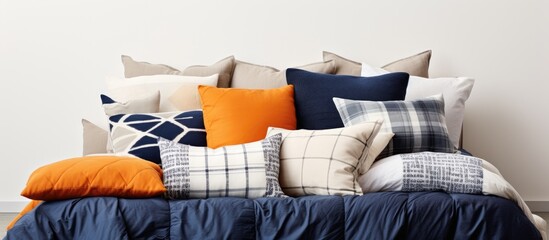 King size bed with pillows in orange dark blue and white With copyspace for text