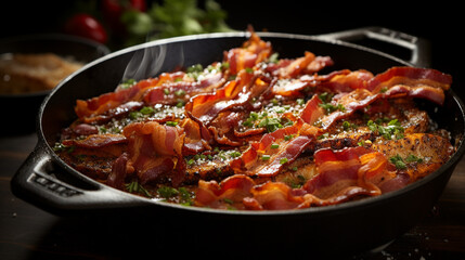 A sizzling pan of crispy bacon strips golden brown UHD wallpaper Stock Photographic Image