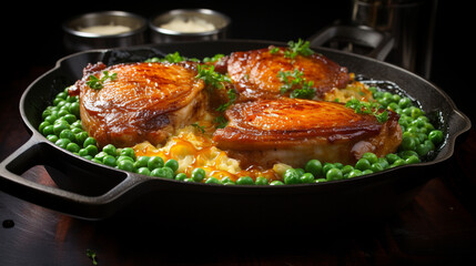 A sizzling skillet of pork chops perfectly seared UHD wallpaper Stock Photographic Image