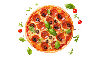 Pepperoni Pizza with Fresh Ingredients on Transparent Background, Top View, PNG
