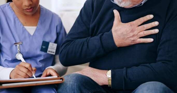 Nurse, hands and writing in elderly care with patient in consultation, diagnosis or prescription at home. Closeup of female person or medical caregiver taking notes on senior man with chest pain