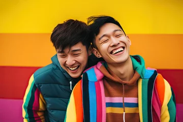 Poster Happy Asian homosexual couple embrace on bright rainbow colored background. Pride day festival and Valentines day people love concept. © Virtual Art Studio