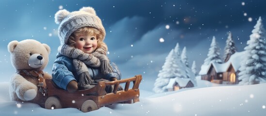 Child sits on sled and looks at winter mountains Winter family vacation Christmas celebration and winter activities with kids With copyspace for text