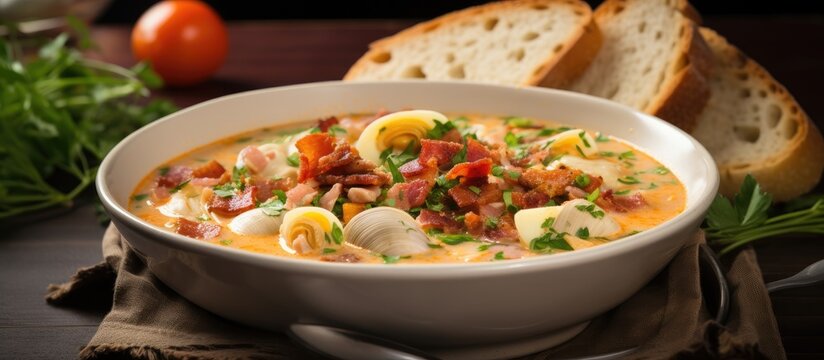 Close up of a bowl of tomato clam chowder with shellfish and bacon on the table With copyspace for text