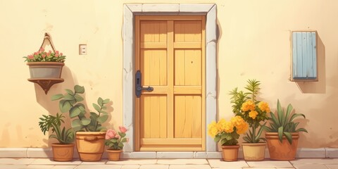 Fototapeta na wymiar in front of the door of a house with a facade full of pots with flowers and a large wooden door, generative AI