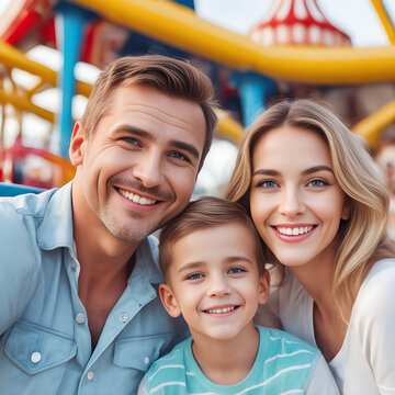 Padre madre e hijo sonriendo disfrutando en un parque de atracciones 
