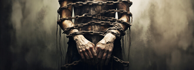 Human Soul Locked In Chains,  from Addiction and Depression's Grip. - obrazy, fototapety, plakaty