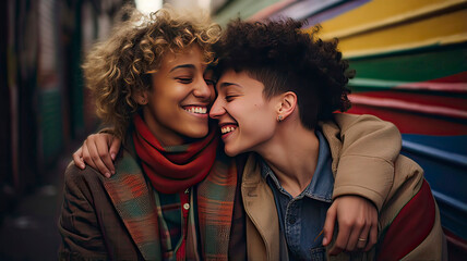 Young lesbian couple hug on Valentine's Day outdoors. Lgbtq or queer love concept. Generative AI.