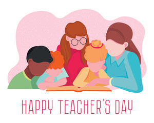 Banner for Happy teacher's Day with woman and children with book