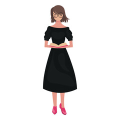 Female teacher with book on white background