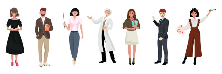 Group of different teachers on white background
