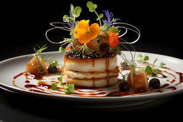 Culinary masterpiece: a meticulously plated multi-course tasting menu with artistic precision, set against a clean, uncluttered backdrop.
