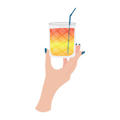 Female hand holding glass of tasty cocktail on white background