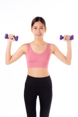 Portrait beautiful young asian woman lifting dumbbell isolated on white background, female fitness workout training with holding dumbbell for muscle strong and strength, sport and health care concept.