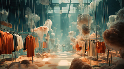 Step into the Whimsical World of an Imaginative Fashion Store, A Dreamy Wonderland of Clothes Hangers and Mirrors