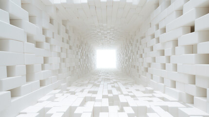 A mosaic of many white cubes in perspective in the form of a tunnel stretching to infinity. AI generated.