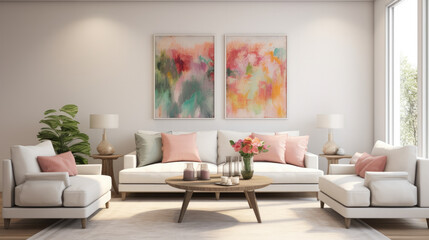 Fototapeta na wymiar beautiful living room interior with white sofa and paintings. AI generated.