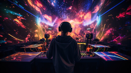 Futuristic Virtual DJ Show on a Digital Abstract Stage with Mesmerizing Glow Lights Creating a Spectacular Visual Experience