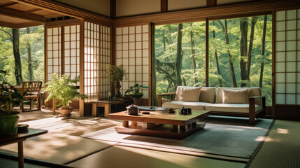 Fototapeta premium Japanese style living room, AI generated.