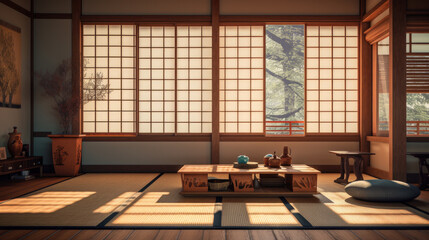 Japanese style living room, AI generated. - obrazy, fototapety, plakaty