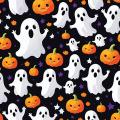 Cute halloween ghosts and pumpkins repeating pattern in vestor illustration. Pumpkin Patch Haunting